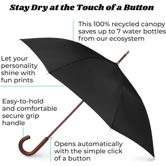 Totes Eco Auto Open Umbrella Classic Wooden J Stick Handle with Easy Grip - Picture 2 of 8